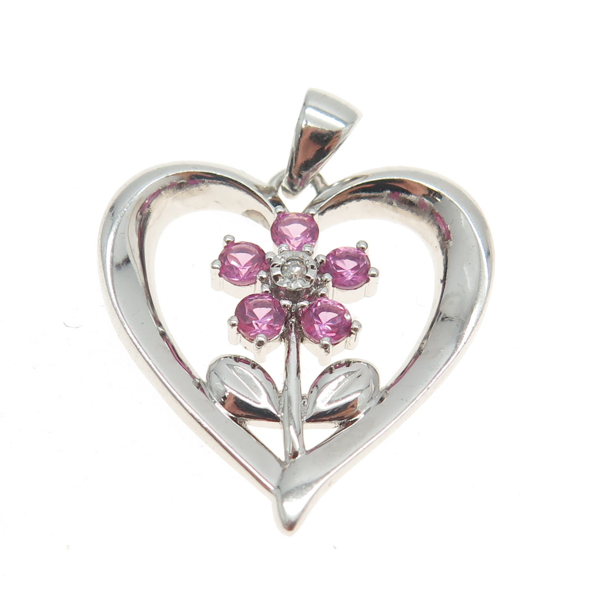 925 Sterling Silver Real White Diamond & Pink Sapphire Gem Heart Floral Pendant