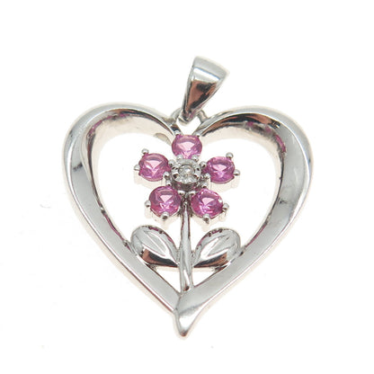 925 Sterling Silver Real White Diamond & Pink Sapphire Gem Heart Floral Pendant