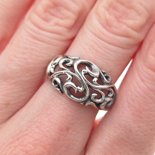 Kabana 925 Sterling Silver Vintage Floral Swirl Oxidized Ring Size 7.25