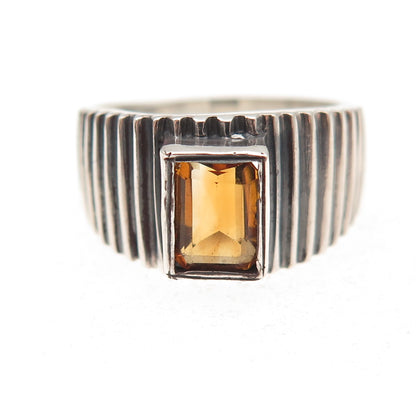 950 Silver Vintage Real Citrine Ribbed Oxidized Ring Size 6.75