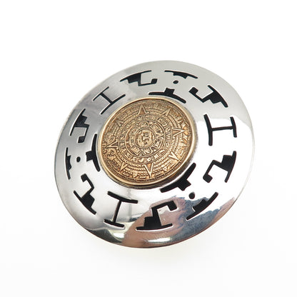 925 Sterling Silver 2-Tone Vintage Mexico Mayan Calendar Pin Brooch / Pendant