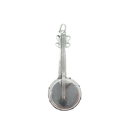925 Sterling Silver Antique Art Deco Banjo Minimalist Oxidized 3D Charm Pendant