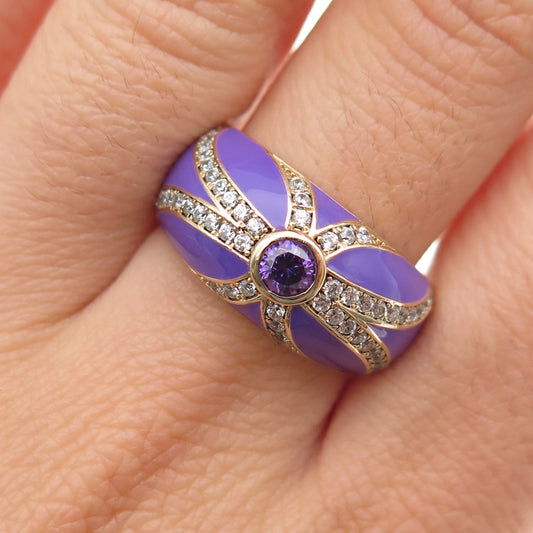 Silvio Hidalgo 925 Sterling Gold Plated Enamel Purple & White C Z Ring Size 8.25