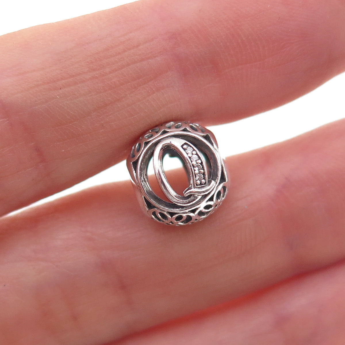 Pandora 925 Sterling Silver C Z Letter Q Slide Bead Charm