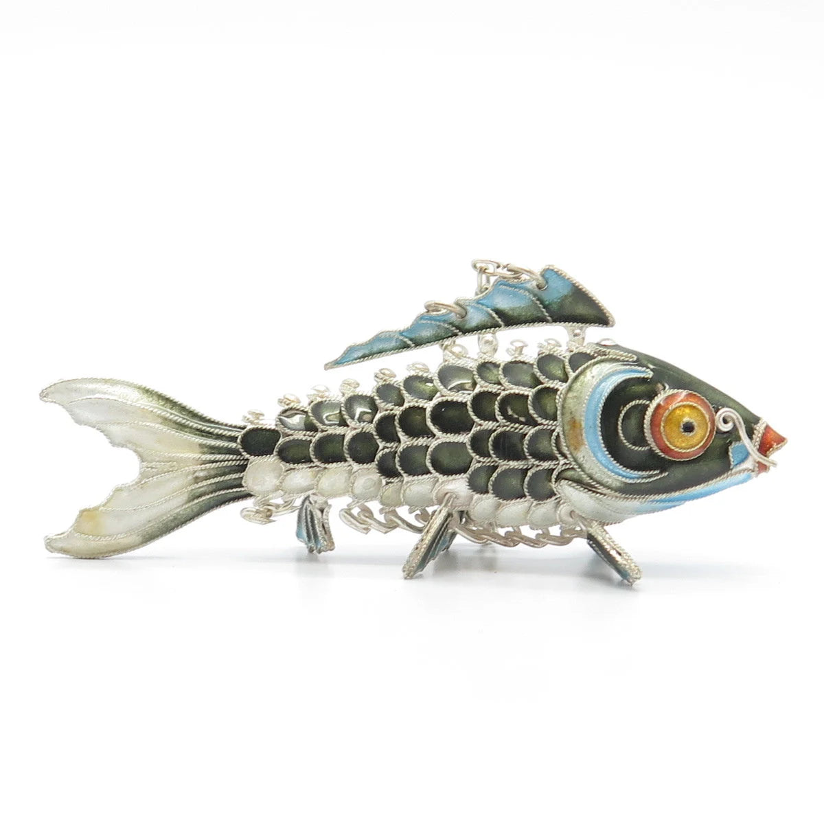 925 Sterling Silver Enamel Antique Chinese Koi Fish Chatelaine Pendant / Fob