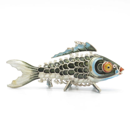 925 Sterling Silver Enamel Antique Chinese Koi Fish Chatelaine Pendant / Fob
