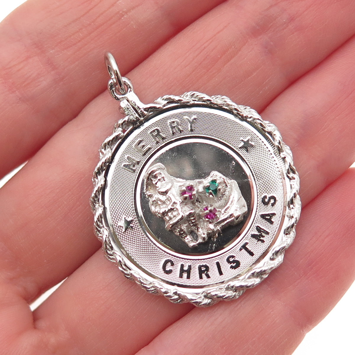 925 Sterling Silver Vintage Rhinestone Santa Merry Christmas Charm Pendant