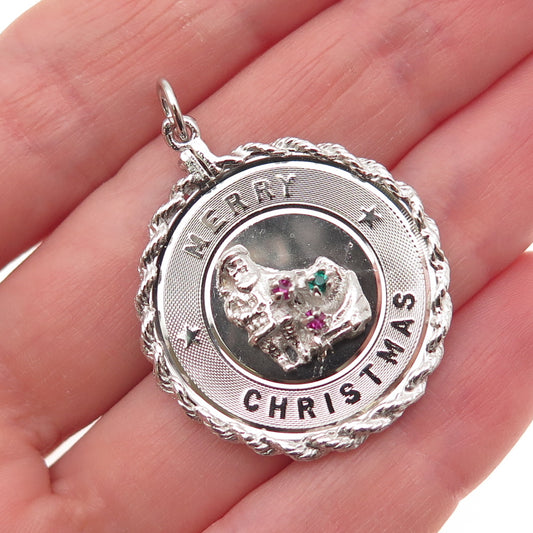 925 Sterling Silver Vintage Rhinestone Santa Merry Christmas Charm Pendant