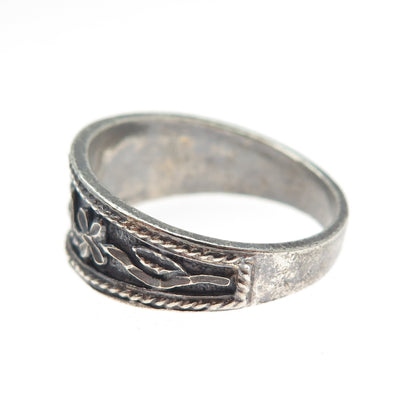 KEN CRAFTS 925 Sterling Silver Vintage Flower Blossom Oxidized Ring Size 9.25