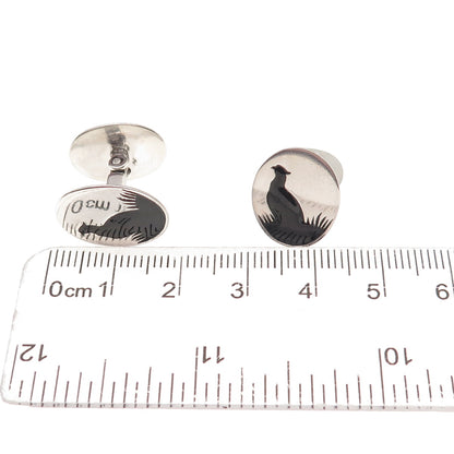 925 Sterling Silver Antique Art Deco Enamel Pheasant Bird Cufflinks