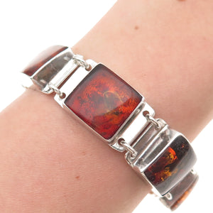 925 Sterling Silver Vintage Poland Real Amber Modernist Oxidized Bracelet 7.25"