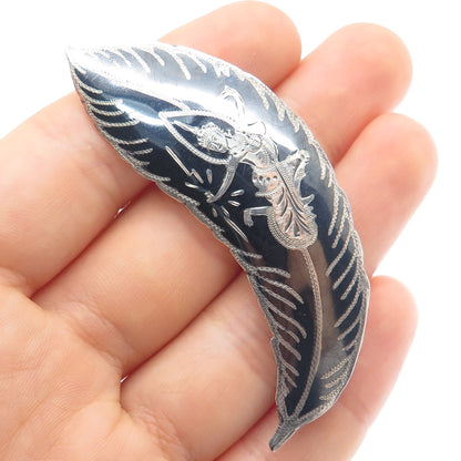 925 Sterling Silver Antique Siam Niello Hindu Goddess Feather Pin Brooch