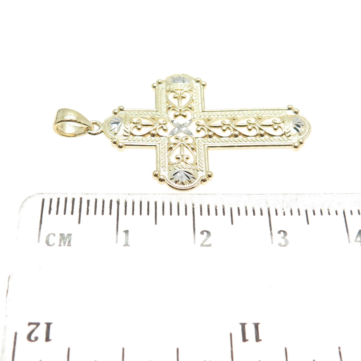 14K Yellow & White Gold Diamond-Cut Floral Heart Cross Religious Charm Pendant