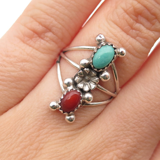 Lee Yazzie Navajo Old Pawn Sterling Silver Vintage Turquoise & Coral Ring Size 6