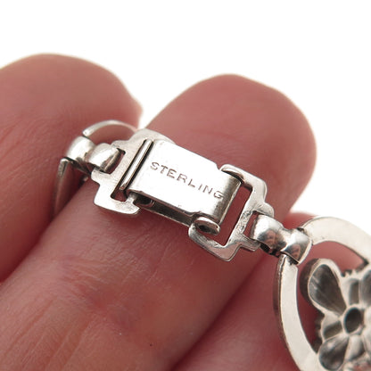 925 Sterling Silver Antique Art Deco Floral Oxidized Bracelet 7.25"