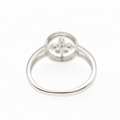 925 Sterling Silver Real Round-Cut Diamond Fleur de Lis Ring Size 6