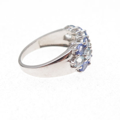 925 Sterling Silver Real Oval-Cut Tanzanite & Aquamarine Cluster Ring Size 8