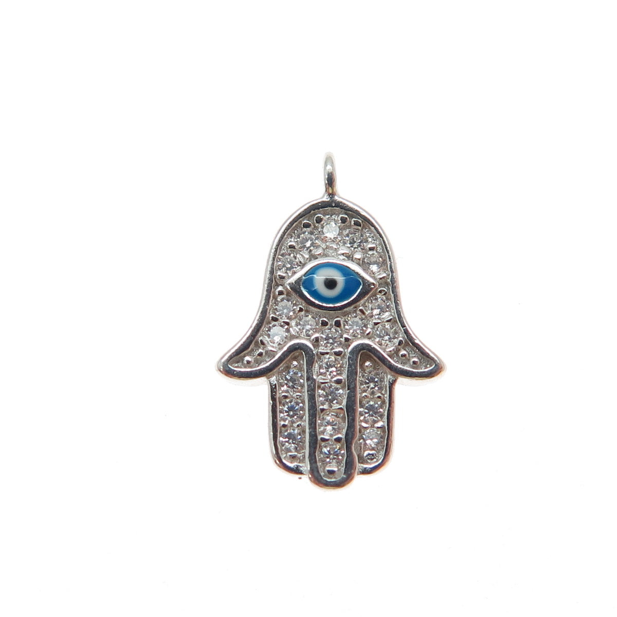 925 Sterling Silver Enamel Round-Cut C Z Hamsa Amulet Minimalist Charm Pendant