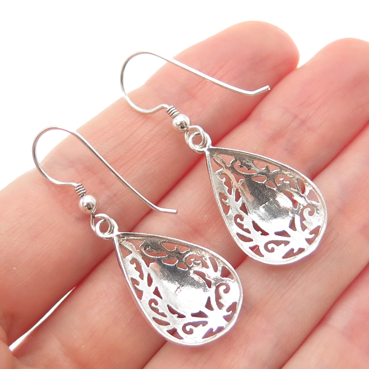 925 Sterling Silver Vintage Real Black Onyx Ornate Teardrop Dangle Earrings