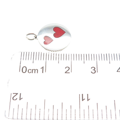 925 Sterling Silver Red Enamel Couple Heart Round Tag Minimalist Charm Pendant