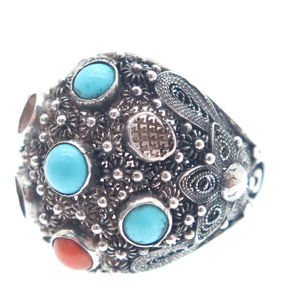 925 Sterling Antique China Turquoise Coral Ring Size 5.25 (missing 3 stones)