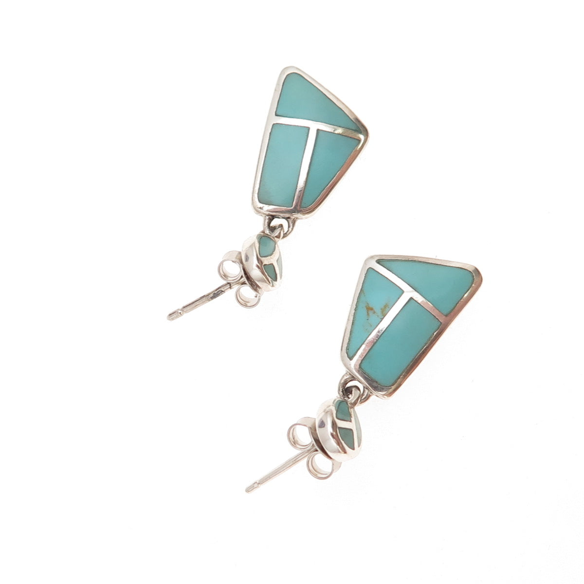 925 Sterling Silver Vintage Real Tyrone Turquoise Modernist Dangle Earrings