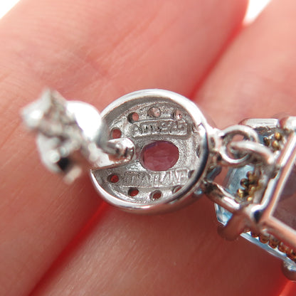 925 Sterling Silver 2-Tone Real Blue & White Topaz Amethyst Dangle Earrings