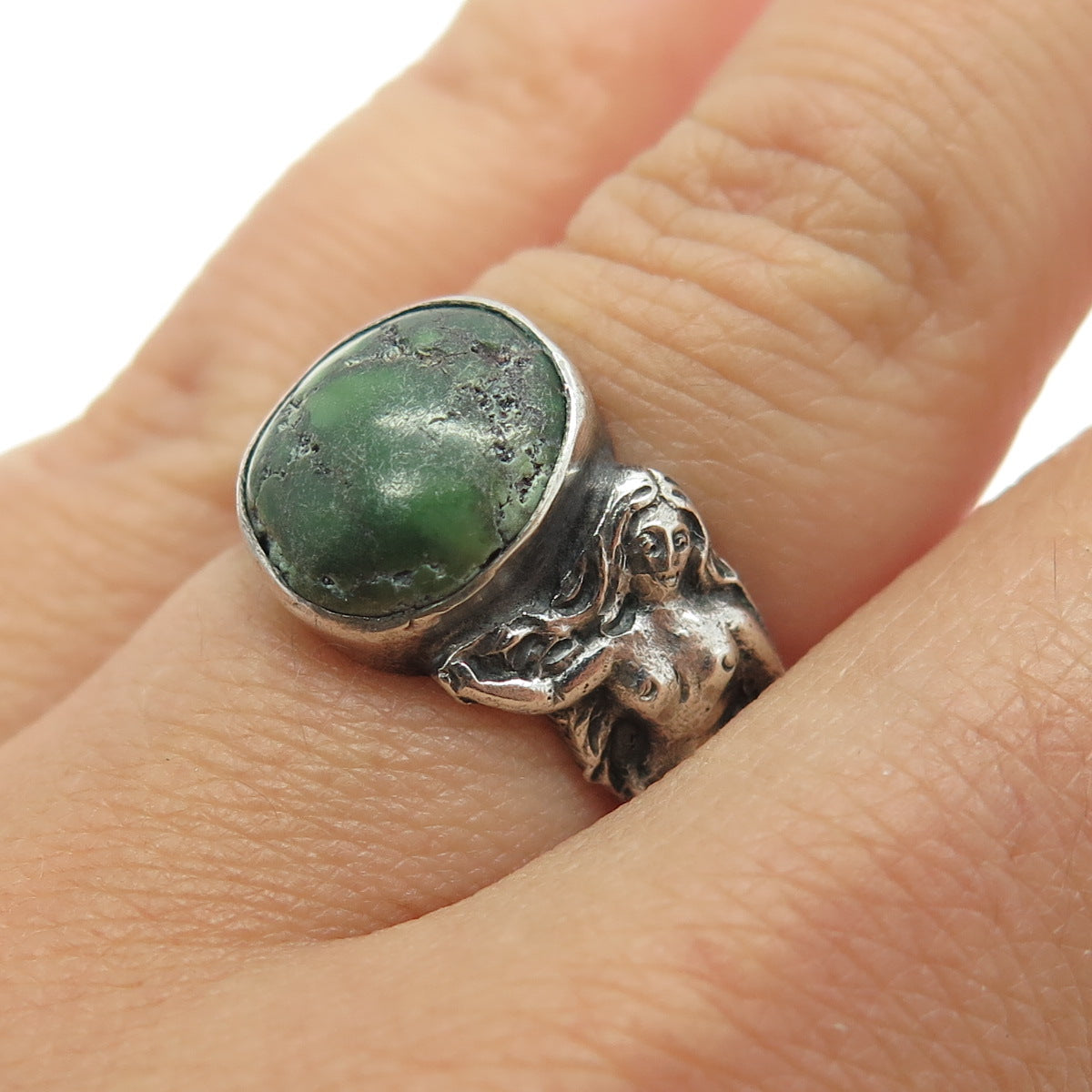 925 Sterling Silver Vintage Green Turquoise Gemstone Naked Womans Ring Size 5.25