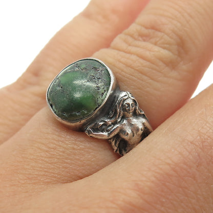 925 Sterling Silver Vintage Green Turquoise Gemstone Naked Womans Ring Size 5.25