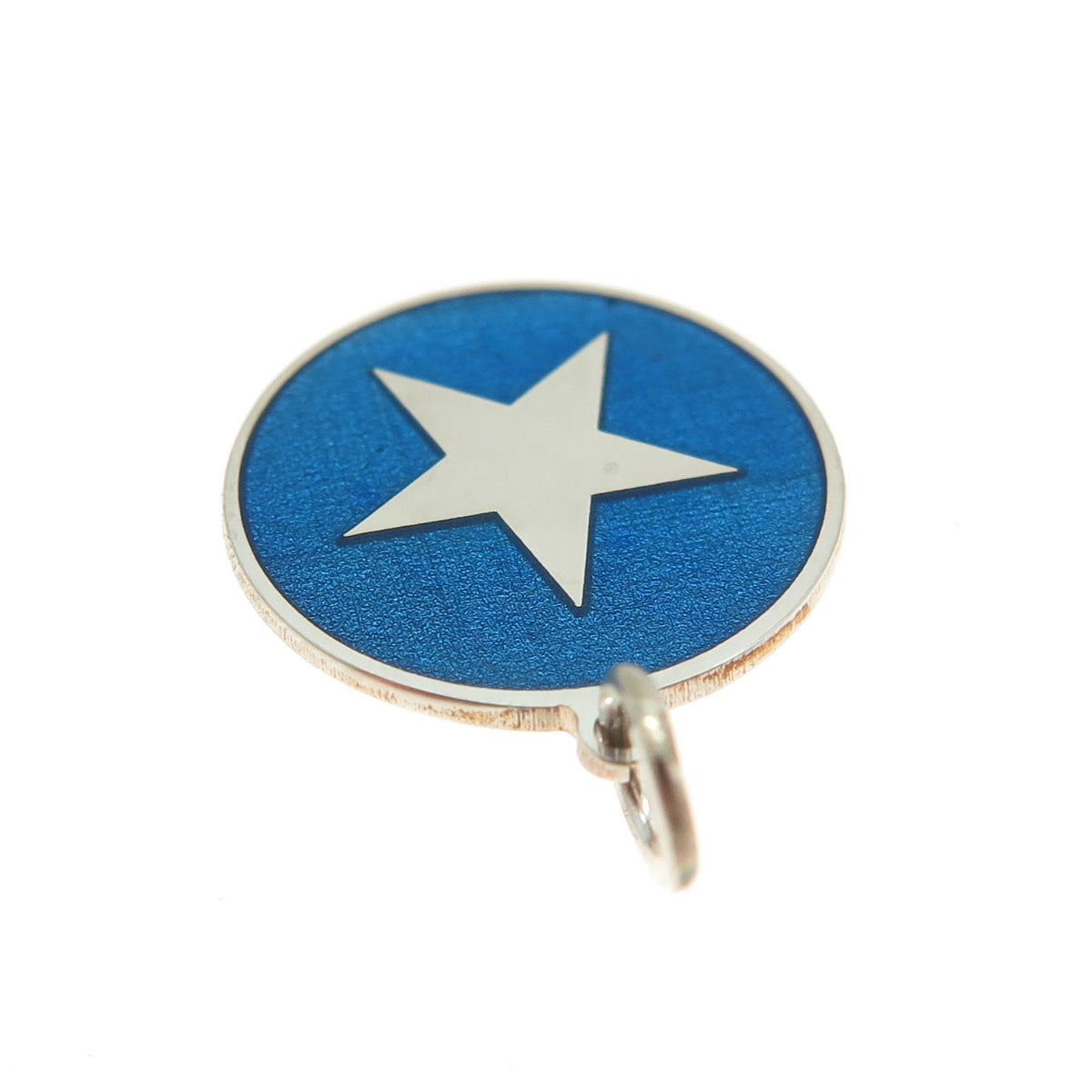 925 Sterling Silver Blue Enamel Star Round Tag Minimalist Charm Pendant