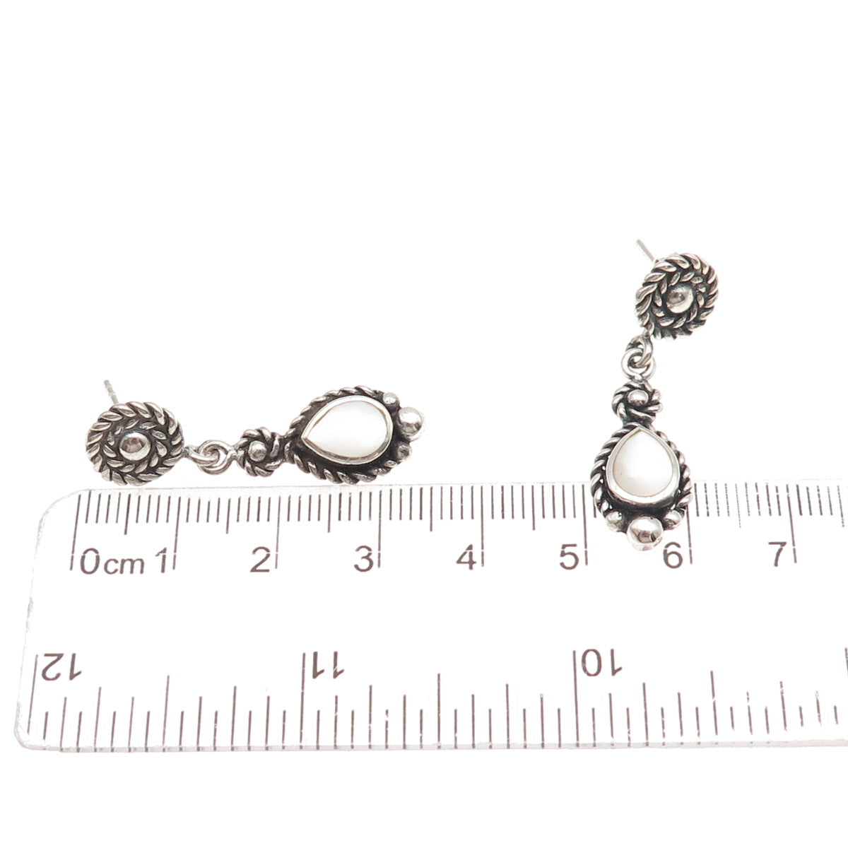 925 Sterling Silver Vintage Real MOP Teardrop Oxidized Dangle Earrings