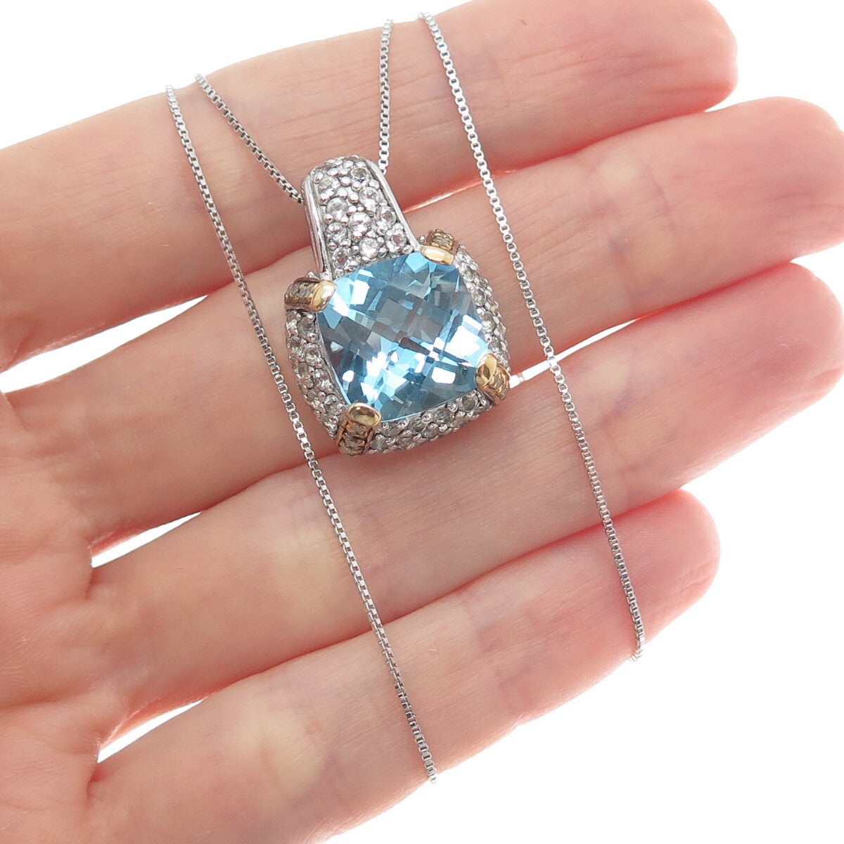 925 Sterling 2-Tone Real Diamond Blue & White Topaz Box Chain Necklace 18"