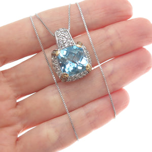 925 Sterling 2-Tone Real Diamond Blue & White Topaz Box Chain Necklace 18"