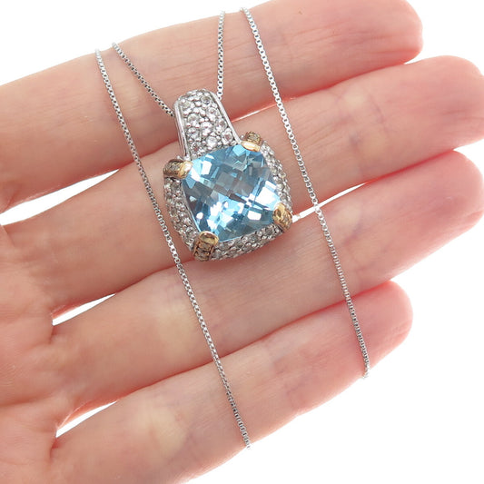 925 Sterling 2-Tone Real Diamond Blue & White Topaz Box Chain Necklace 18"