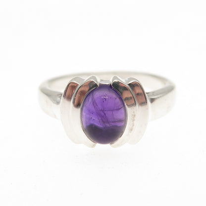 925 Sterling Silver Real Cabochon Amethyst Modernist Ring Size 7