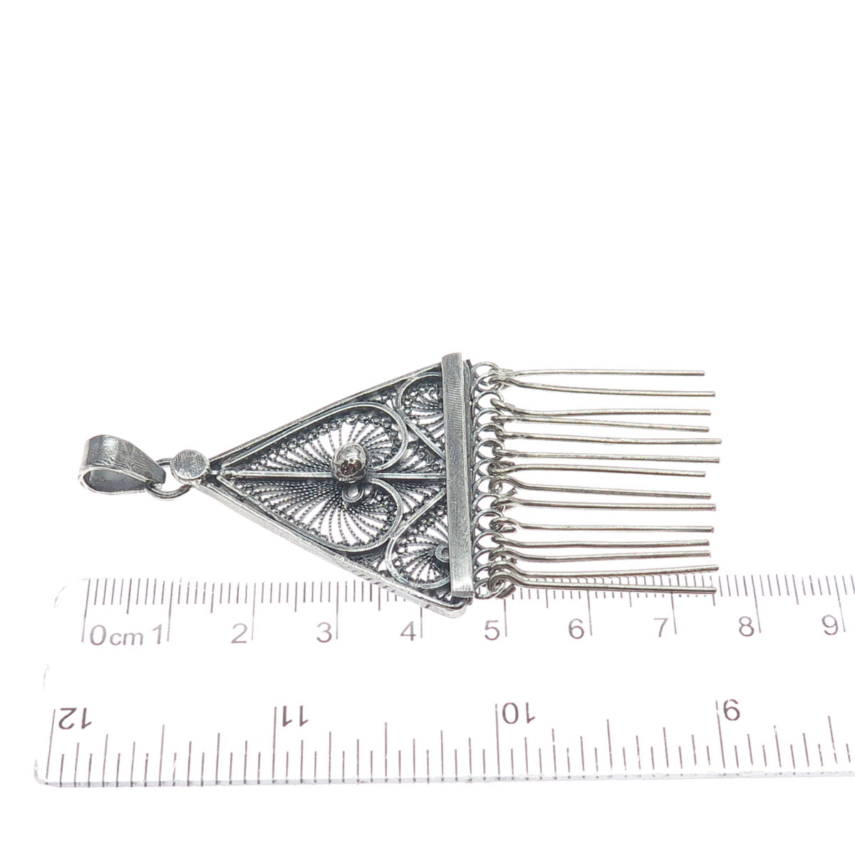 925 Sterling Silver Vintage Filigree Floral Leaf Triangle Oxidized Pendant