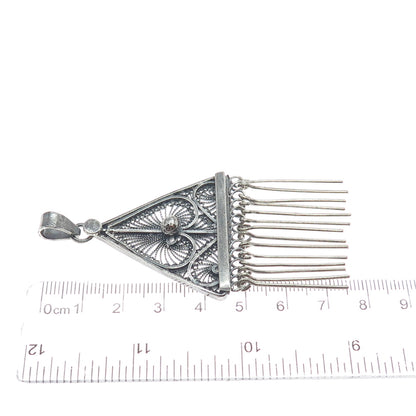 925 Sterling Silver Vintage Filigree Floral Leaf Triangle Oxidized Pendant