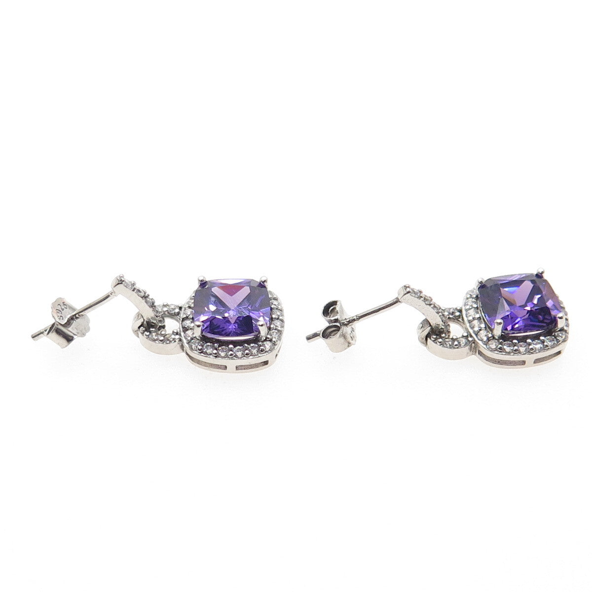 925 Sterling Silver Cushion & Round-Cut Purple White C Z Dangle Earrings