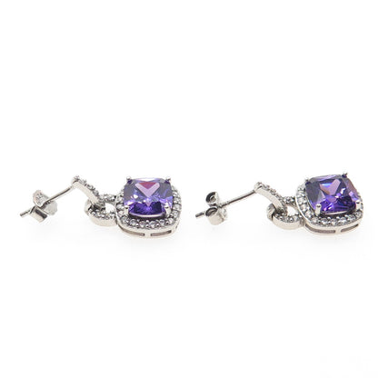 925 Sterling Silver Cushion & Round-Cut Purple White C Z Dangle Earrings