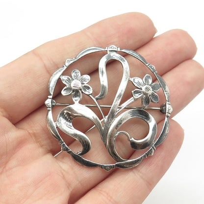 925 Sterling Silver Vintage Floral Blossom Round Pin Brooch