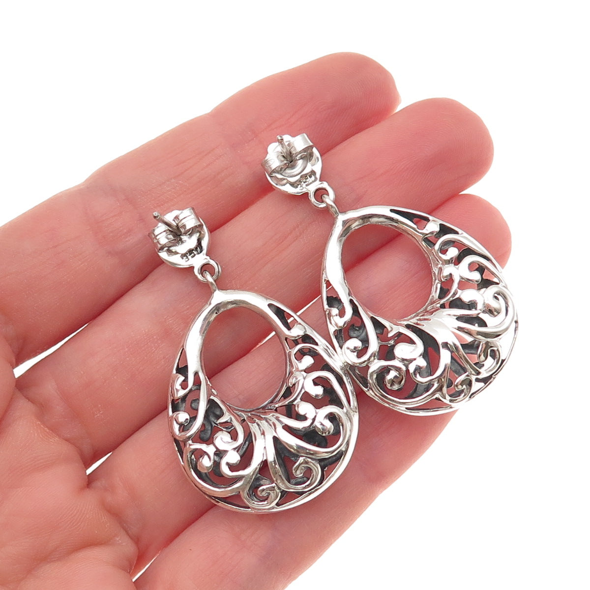 925 Sterling Silver Vintage Floral Crescent Teardrop Dangle Earrings