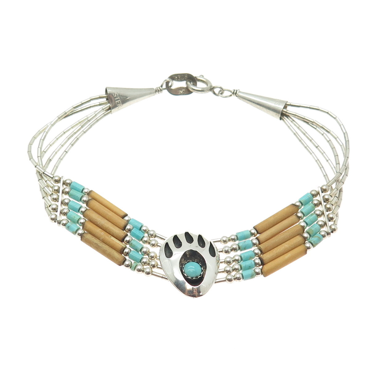 CAROLYN POLLACK Old Pawn 925 Sterling Silver Turquoise Wood Bear Paw Bracelet 7"