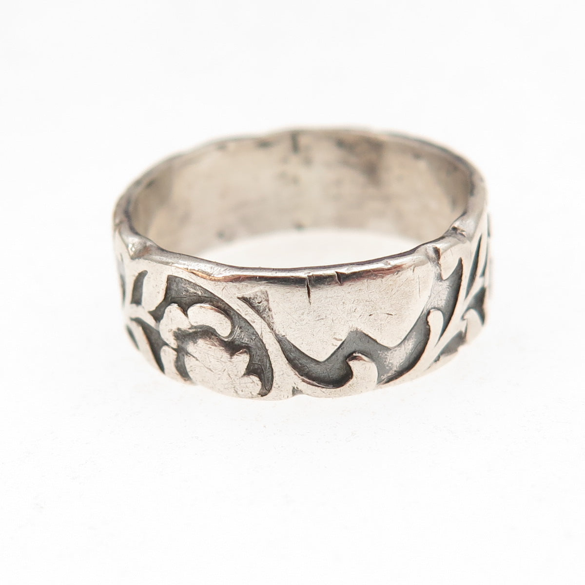 925 Sterling Silver Antique Art Deco Floral Oxidized Band Ring Size 6.25