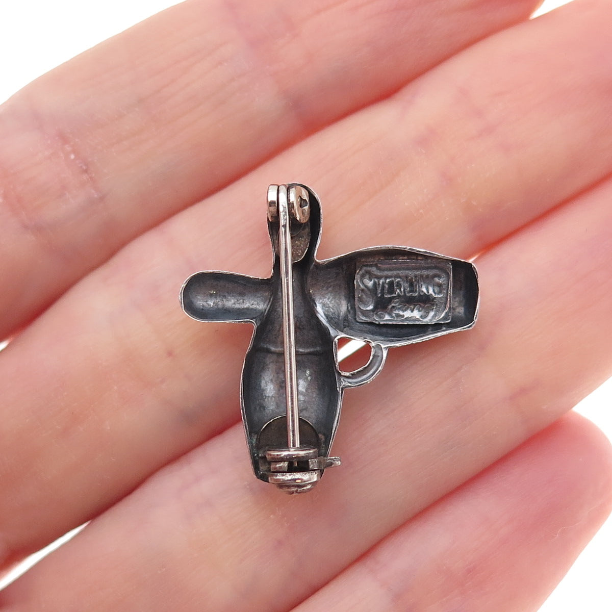 Lang 925 Sterling Silver Antique Art Deco Bowling Pins Oxidized Pin Brooch