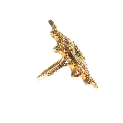 DSMK 925 Sterling Silver Gold Plated Real Sapphire Ruby & Topaz Ring Size 7.25