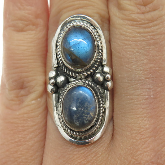 925 Sterling Silver Vintage Real Labradorite Southwestern Oxidized Ring Size 6.5