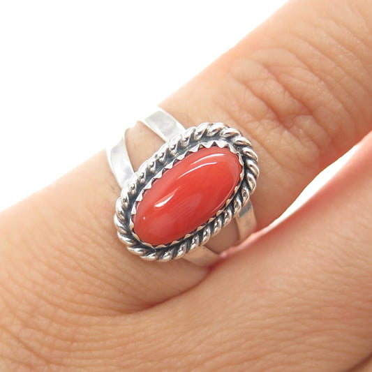Old Pawn 925 Sterling Silver Vintage Southwestern Coral Tribal Ring Size 4