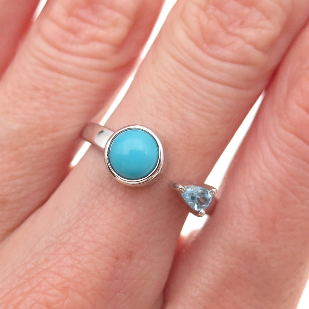 925 Sterling Silver Real Turquoise & Blue Topaz Adjustable Ring Size 8.25