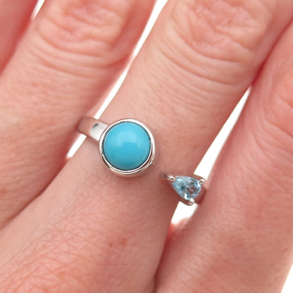 925 Sterling Silver Real Turquoise & Blue Topaz Adjustable Ring Size 8.25