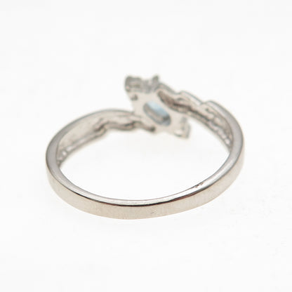 925 Sterling Silver Real Blue Topaz & C Z Bypass Ring Size 8.5